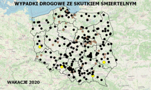zdjęcie kolorowe: mapa konturowa Polski z zaznaczonymi miejscami, gdzie doszło do zdarzenia drogowego ze skutkiem śmiertelnym