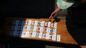 Na zdjęciu widać dwóch stolik na którym poukładane są karteczki z namalowanymi znakami informacyjnymi odnośnie bezpieczeństwa nad wodą