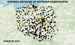 zdjęcie kolorowe: mapa konturowa Polski z zaznaczonymi miejscami, w których doszło do zdarzenia drogowego ze skutkiem śmiertelnym