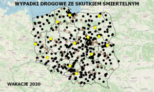 zdjęcie kolorowe: mapa konturowa Polski z zaznaczonymi miejscami, gdzie doszło do wypadku drogowego ze skutkiem śmiertelnym
