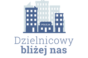 zdjęcie kolorowe: na białym tle grafika trzech budynków w niebieskim kolorze i napis Dzielnicowy bliżej nas