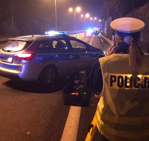 zdjęcie kolorowe: policjantka wydziału ruchu drogowego na tle policyjnego radiowozu wykonująca dokumentację z wypadku drogowego