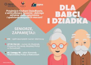 zdjęcie kolorowe: projekt ulotki dla babci i dziadka dotyczący ich bezpieczeństwa- praca konkursowa - na zdjęciu graficzny wizerunek babci i dziadka z radami dotyczącymi ich bezpieczeństwa: Seniorze zapamiętaj, 112- ogólnoeuropejski numer alarmowy, 47 85 124 63  - numer do Wydziału Prewencji Komendy Miejskie Policji w Katowicach, ulica Lompy 19 - adres Komendy Miejskiej Policji w Katowicach - autorstwa Wiktorii Kaliwody