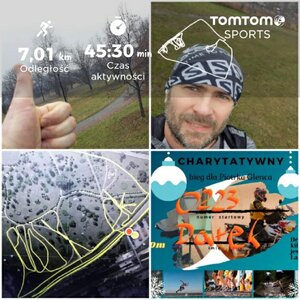 zdjęcie kolorowe: kolaż 4 zdjęć który przedstawia kciuk podniesiony w górę z wynikiem biegu, policjanta biorącego udział w biegu, trasę biegu i numer startowy