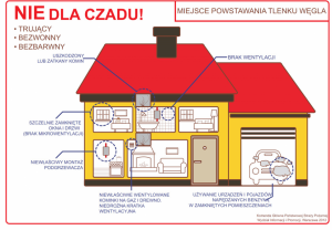 zdjęcie kolorowe: infografika przedstawiająca żółty dom z czerwonym dachem ostrzegająca przed tlenkiem węgla, który możne gromadzić się w różnych częściach domu