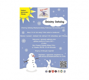 zdjęcie kolorowe: plakat promujący konkurs plastyczno-filmowy &quot;Śnieżny Dekalog&quot; przedstawiający bałwana na stoku