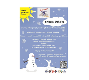 zdjęcie kolorowe: plakat promujący konkurs plastyczno-filmowy "Śnieżny Dekalog" przedstawiający bałwana na stoku