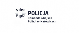 zdjęcie kolorowe: na białym tle granatowy napis Policja Komenda Miejska Policji w Katowicach