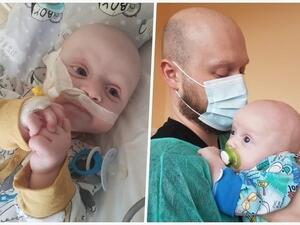 zdjęcie kolorowe: kolaż dwóch zdjęć z lewej strony 8-miesięczy Wojtuś leżący w łóżeczku, z prawej strony Wojtuś na rękach tata