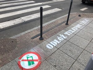 zdjęcie kolorowe:   napisy przed przejściem dla pieszych &amp;quot;Odłóż telefon i żyj&amp;quot;