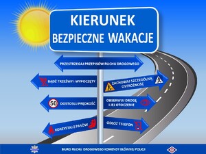 zdjęcie kolorowe: na niebieskim tle grafika przedstawiająca jezdnię, słonce i stojący drogowskaz przy jezdni z napisem o treści Kierunek Bezpieczne wakacje