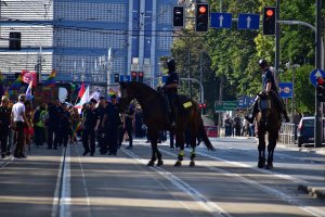 zdjęcie kolorowe: policjanci na koniach na ulicy Warszawskiej nadzorujący przemarsz uczestników zgromadzenia