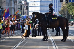 zdjęcie kolorowe: policjanci na koniach  nadzorujący przemarsz uczestników zgromadzenia