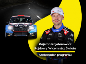 zdjęcie kolorowe: Kajetan Kajetanowicz -  trzykrotny rajdowy mistrz Europy, czterokrotny rajdowy mistrz Polski i jego rajdowy samochód