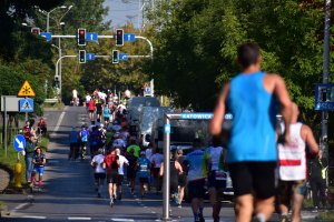 zdjęcie kolorowe: biegacze maratonu i półmaratonu na trasie
