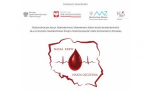 zdjęcie kolorowe: grafika przedstawiająca mapę konturową Polski w którą wpisana jest kropla krwi