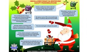 zdjęcie kolorowe&quot; grafika przedstawiająca Mikołaja z przedświątecznymi radami o bezpieczeństwie podczas zakupów