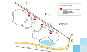 zdjęcie kolorowe: grafika przedstawiająca wycinek mapy z zaznaczona ulicą Chorzowską w Katowicach, na która naniesiono zmianę organizacji ruchu drogowego