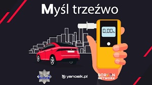 zdjęcie kolorowe: grafika przedstawiająca czerwony samochód, urzadzenie do pomiaru trzeźwości i napis o treści Myśl Trzeźwo