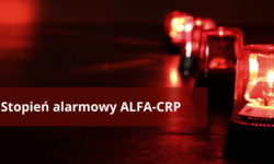 zdjęcie kolorowe: na czerwonym tle ustawione elementy błyskowe i napis o treści Stopień alarmowy CRP Alfa