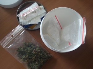 zdjęcie kolorowe: zabezpieczone przez katowickich policjantów narkotyki, woreczek z brunatnozielonym suszem i woreczki strunowe z białą sypką substancja umieszczone w plastikowym pudełku