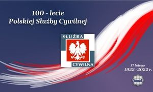 zdjęcie kolorowe: na niebieskim tle flaga biało-czerwona i godło Polski oraz napis 100-lecie Polskiej Służby Cywilnej