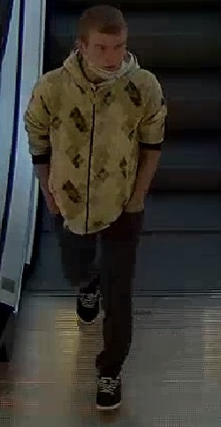 zdjęcie kolorowe: młody mężczyzna ubrany w ciemne buty sportowe, ciemne spodnie, brązowa bluzę dresowa zapinana na zamek, trzymający ręce w kieszeni