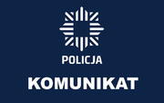 zdjęcie kolorowe: na granatowym tle biały znak graficzny przedstawiający policyjna odznakę i napis o treści: komunikat Policja