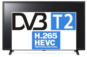 zdjęcie kolorowe: grafika przedstawiająca telewizor i białą tablicę na której umieszczono napisy o treści DVB, T2, H.265 HEVC High Effeciency Video Coding