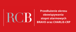 zdjęcie kolorowe: na czerwonym tle białe napisy o treści RCB przedłużenie okresu obowiązywania stopni alarmowych BRAVO oraz CHARLIE CRP