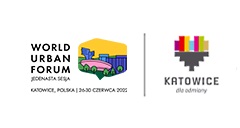 zdjęcie kolorowe: grafika przedstawiająca kolorowe serce z napisem Katowice, oraz przestrzeń miejską z napisem WORLD URBAN FORUM Katowice, Polska 26-30 czerwca  2022 roku
