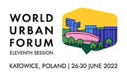 zdjęcie kolorowe; grafika przedstawiająca katowicki spodek i centrum Katowic oraz napisy o treści:  World Urban Forum Eleventh Session, Katowice, Poland, 26-30 June 2022