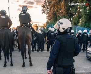 zdjęcie kolorowe: policjanci oddziału prewencji, policji konnej i przewodnik psa podczas zabezpieczenia meczu