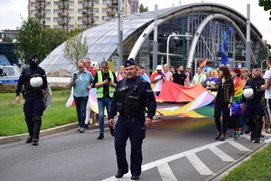 zdjęcie kolorowe: policjanci oddziału prewencji zabezpieczający trasę przemarszu osób biorących udział w zgromadzeniu