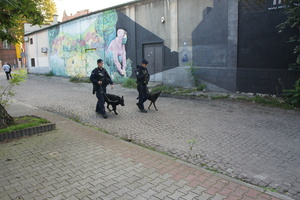 Zdjęcie kolorowe przedstawia umundurowanych policjantów - przewodników psów służbowych.