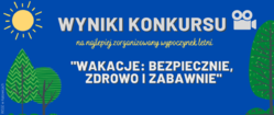 zdjęcie kolorowe: na błękitnym tle namalowane żółte:  słońce i trzy drzewa oraz napisy w kolorze białym o treści Wyniki konkursu na najlepiej organizowany wypoczynek letni "Wakacje: bezpiecznie, zdrowo i zabawnie.