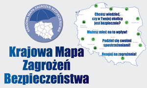 zdjęcie kolorowe: na szarym tle mapa konturowa Polski oraz granatowy napis o treści Krajowa Mapa Zagrożeń Bezpieczeństwa