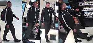 zdjęcie kolorowe: zestaw 4 zdjęć na których jest wysoki mężczyzna ubrany w czarny dres sportowy, z czarnym plecakiem założoym na ramiona, rozglądający się po sklepowych pólkach w sklepie kosmetycznym