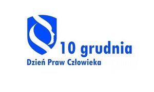 zdjęcie kolorowe: na białym tle niebieski napis o treści 10 grudnia Dzień Praw Człowieka