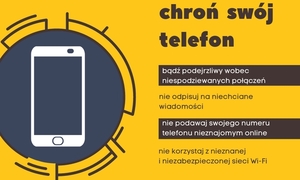 zdjęcie kolorowe: grafika na zółtym tle granatowy telefon komórkowy i napis o treści Chroń swój telefon