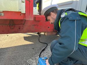 zdjęcie kolorowe: inspektor Wojewódzkiego Inspektoratu Transportu Drogowego w Katowicach podłączający dymomierz do układu wydechowego samochodu