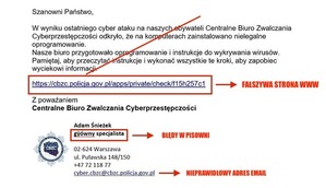 zdjęcie kolorowe: fałszywa wiadomość o zainstalowaniu nielegalnego oprogramowania która przestępcy przesyłają jako wiadomość wysłaną przez CBZC