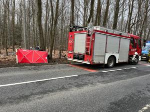 zdjęcie kolorowe: wóz strażacki zaparkowany na miejscy rozbicia się samochodu o drzewo