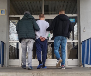 zdjęcie kolorowe: dwóch policjantów wydziału kryminalnego prowadzi zatrzymanego mężczyzny do budynku prokuratury na przesłuchanie