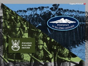 zdjęcie kolorowe: zdjęcie przedzielone na pół. w jednej części przedstawiono policjantów okresu przedwojennego i napis o treści Policjanci w służbie historii. w drugiej części przedstawiono polskich żołnierzy i napis o treści żołnierze w służbie historii