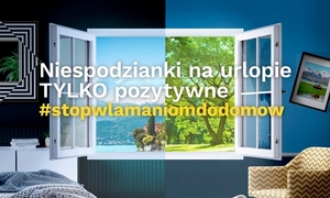 zdjęcie kolorowe: plakat przedstawiający otwarte okno w pokoju z widokiem na góry i las oraz napisy o treści: Nie pozwól aby twoje wymarzone wakacje zamieniły się w koszmar
