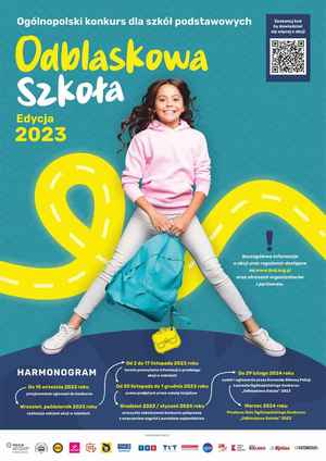 Kolorowy plakat, na którym widać dziewczynkę trzymającą w ręku plecak z odblaskowym elementem.