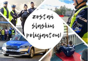 zdjęcie kolorowe: plakat przedstawiający policjantów różnych pionów, promujący pracę w Policji