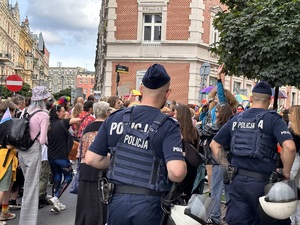 zdjęcie kolorowe: umundurowani policjanci nadzorujący przemarsz uczestników zgromadzenia w Katowicach
