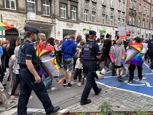 zdjęcie kolorowe: umundurowani policjanci nadzorujący przemarsz uczestników zgromadzenia w centrum Katowic